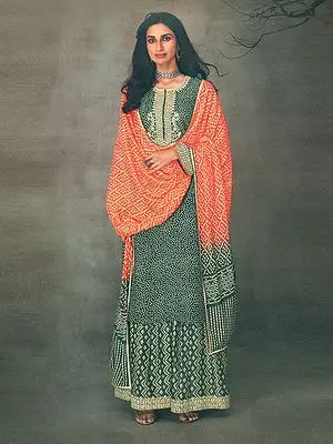 Castor-Gray Bandhej Muslin Digital Print With Neck Embroidery Salwar-Kameez Suit