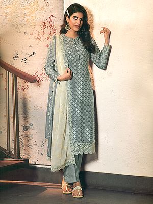 Ultimate-Gray Royal Crepe Salwar Kameez Suit With Embroidered Lace and Crochet Border