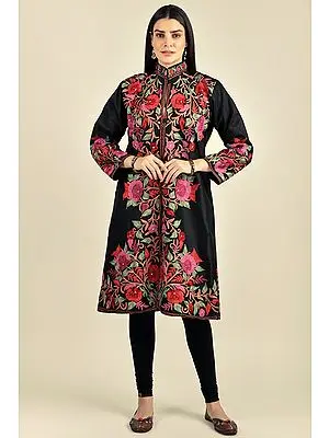 Caviar-Black Long Jacket from Kashmir with Aari Embroidered Flowers All-Over
