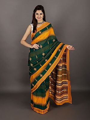 Aventurine Handloom Sari from Sambalpur with Ikat Weave Temple Border and Heavy Woven Pallu