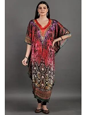 True-Red Digital Print Long Silk Kaftan With Stone Work