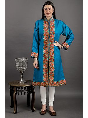 Blue-Jewel Long Jacket from Kashmir with Aari Embroidered Flowers All-Over