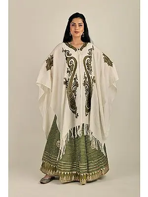 Winter-White Cape from Kashmir with Aari Hand-Embroidered Flowers