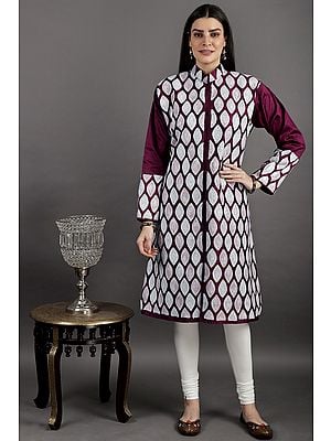 Magenta-Purple Long Pure Silk Jacket from Kashmir with Aari-Embroidery In White Thread