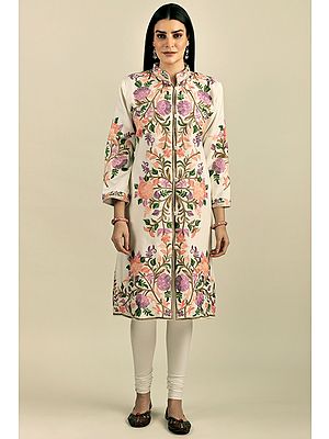 Snow-White Long Jacket from Kashmir with Aari Embroidered Flowers All-Over