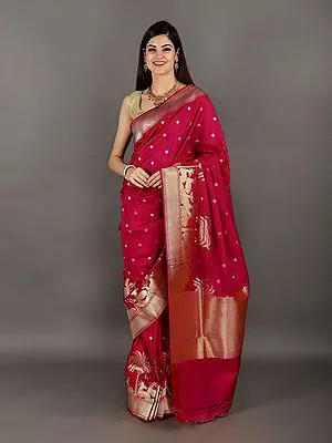 Silk Banarasi Saree with Deer And Palm Trees Woven On Zari Border