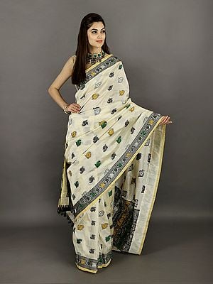 Cannoli-Cream Silk Sari from Assam with Woven Paisleys All-over