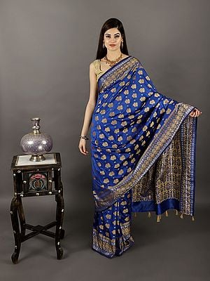 Nautical-Blue Saree from Assam with Woven Bootis and Tassels on Pallu