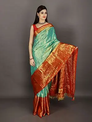 Neptune-Green and Red Handloom Pure Silk Kanjivaram Sari from Tamil Nadu with Wide Brocaded Border