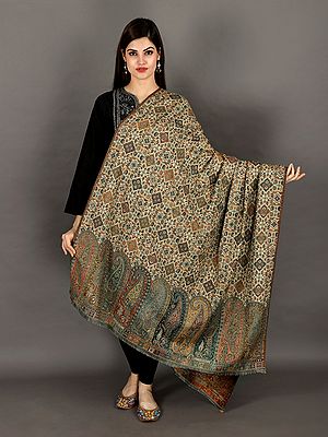 Woolen Jamawar Shawl from Amritsar with Woven Giant Paisleys and Flowers