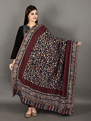 Black-Iris Cashmere Shawl From Amritsar with Kani Woven Multicolor Flowers and Paisleys