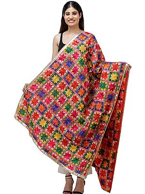 Multicolored Traditional Phulkari Dupatta from Punjab with Heavy Hand Embroidery