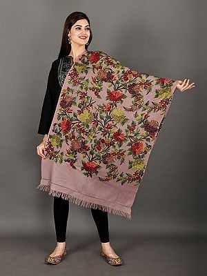 Misty-Rose Kashmiri Stole with Aari-Hand Embroidered Giant Flowers and Leaf