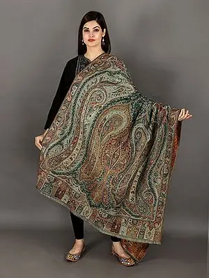 Proud-Peacock Woolen Jamawar Shawl With Woven Paisley And Flower Motif