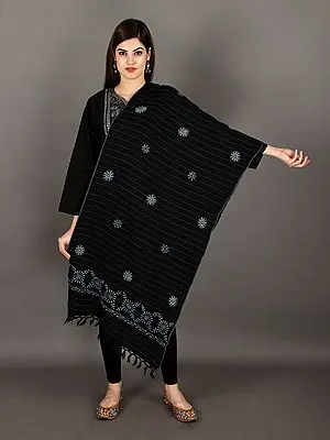 Black-Beauty Handwoven Pure Wool Stripe Pattern Stole with Chikankari Embroidery from Uttarakhand (Trishulii, an Initiative By TATA)
