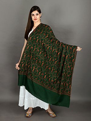 Dark-Green Tusha Shawl from Kashmir with Sozni Hand-Embroidered Floral Vines and Paisleys