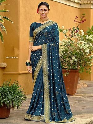Party Wear Vichitra Silk Saree With Gold Zari Work On Border And Motifs All-Over