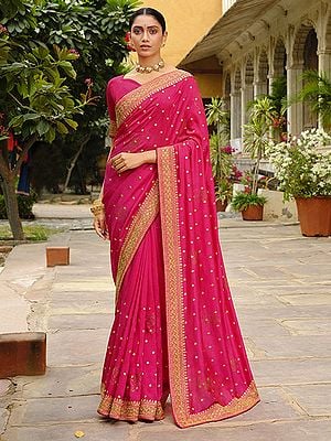 Party Wear Vichitra Silk Saree With Gold Zari Work On Border And Motifs All-Over