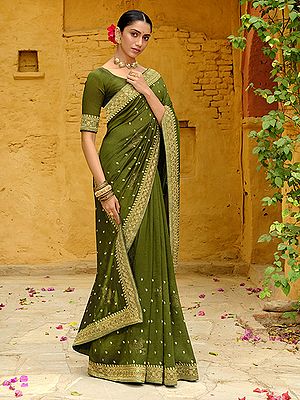 Party Wear Vichitra Silk Saree With Gold Zari Work On Border And Motifs All-Over