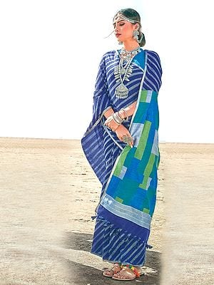 Silk Cotton Stripe Pattern Saree With Digital Geometric Print On Anchal