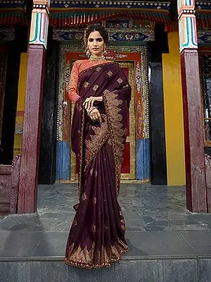 Crushed-Violets Raw Silk Saree with Zari and Resham Work