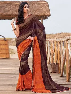 Brown-Stone Chiffon Party Wear Designer Saree With Resham Work