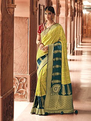 Antique-Moss Designer Silk Saree With Brocaded Border And Paisley Motifs On Anchal