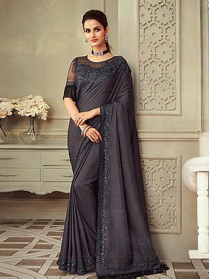 Exclusive Party Wear Elegant Silk Saree With Net Embroidered Border And Frills
