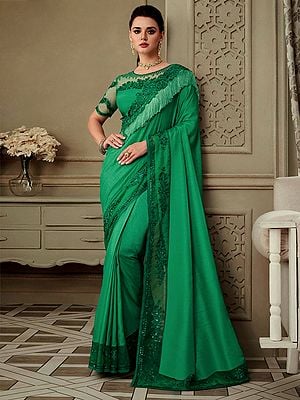Exclusive Party Wear Elegant Silk Saree With Net Embroidered Border And Frills