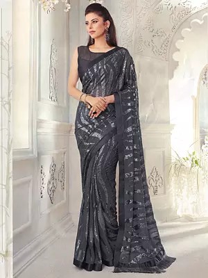 Designer Party Wear Georgette Sequin Saree With Frills on Anchal