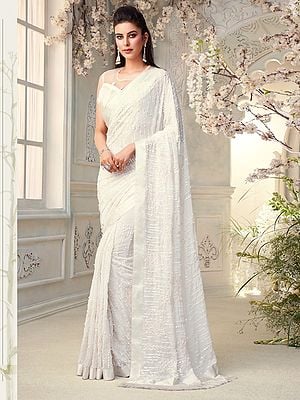 Snow-White Designer Party Wear Georgette Sequin Saree With Frills on Anchal