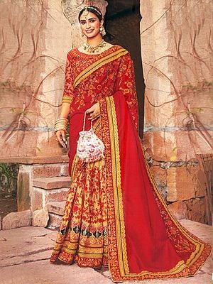 Racing-Red Silk Heavy Embroidery Wedding Saree