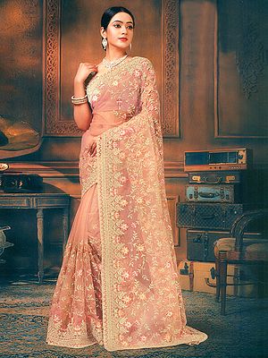 Misty-Rose Designer Net Saree With Heavy Floral Zari Embroidery All-Over