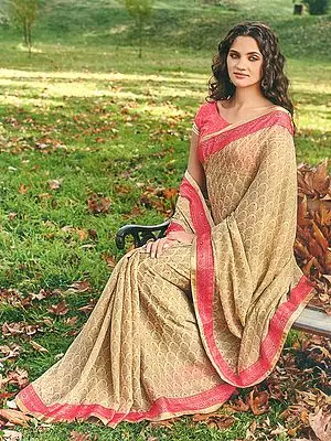 Warm-Sand Chiffon Saree With Motifs Printed Border And Leaf All-Over