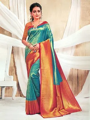Cyan-Blue Brocaded Banarasi Silk Saree With Woven Pattern All-over