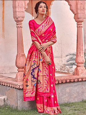 Paithani Silk Saree With Hand-Woven Peacocks on Border And Aanchal