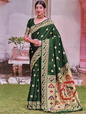 Paithani Silk Saree with Hand-Woven Peacocks on Border and Aanchal