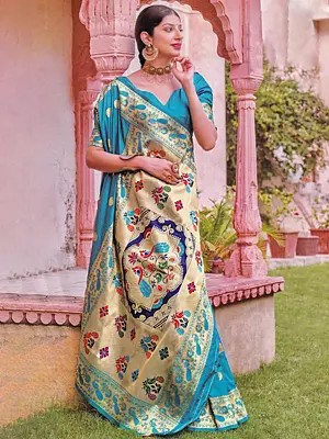 Paithani Silk Saree with Hand-Woven Peacocks on Border and Aanchal