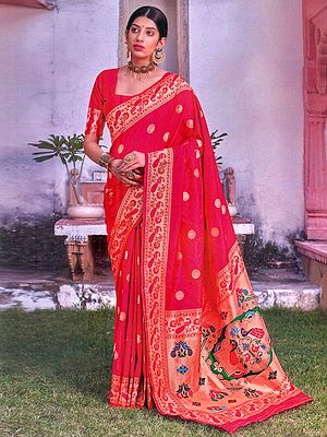 Paithani Silk Saree with Hand-Woven Peacocks on Border and Aanchal