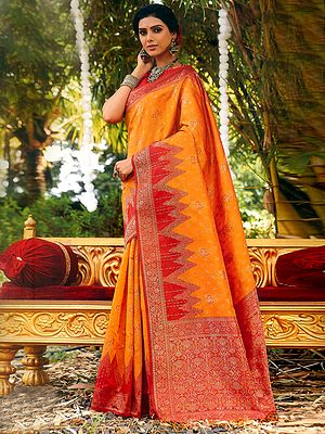 Banarasi Silk Saree with Heavy Zari Weaving and Motifs on Border