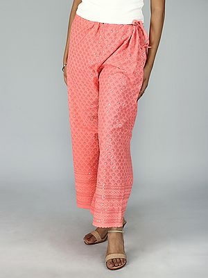 Cotton Lucknowi Palazzo Pants With Chikankari & Sequins & Cutwork Work
