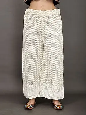 Antique-White Cotton Lucknowi Palazzo Pants With Chikankari Work