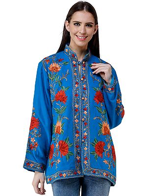 Blue-Jewel Wool Short Jacket From Kashmir With Floral Aari Embroidery