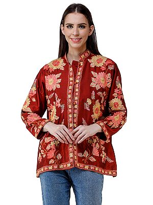 Lava-Falls Silk Jacket from Kashmir with Chain-Stitch Embroidered Big Flowers