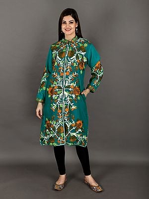 Wool Long Jacket from Kashmir With Aari-Embroidered Giant Leaves and Flowers All-Over