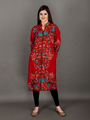 Wool Long Jacket from Kashmir With Aari-Embroidered Giant Leaves and Flowers All-Over