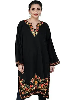 Phantom-Black Phiran from Kashmir with Aari-Embroidered Flowers