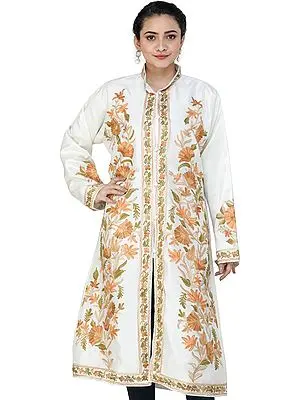 Star-White Long Silk Jacket from Kashmir with Aari-Embroidery