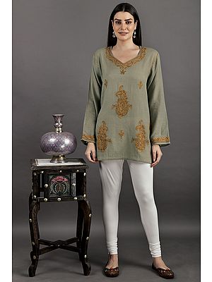 Moon-Rock Short Kurti From Kashmir With Aari Embroidered Paisley