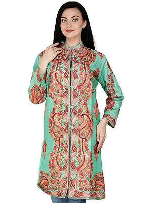Jade-Cream Long Silk Jacket From Kashmir With Aari-Embroidered Flowers And Paisley